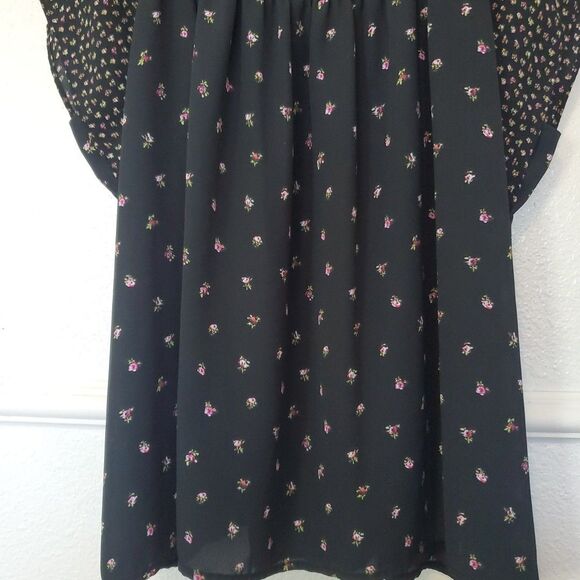 Gap Womens Top Black Pink Floral Short Flutter Sleeve Chiffon Blouse Boho Size L - Picture 3 of 16